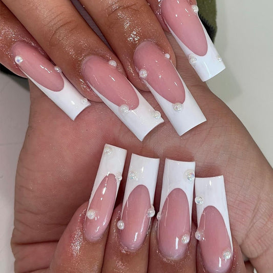 Pearl Elegance Long Square Ballerina Pink to White Ombre Press On Nails with Pearl Accents