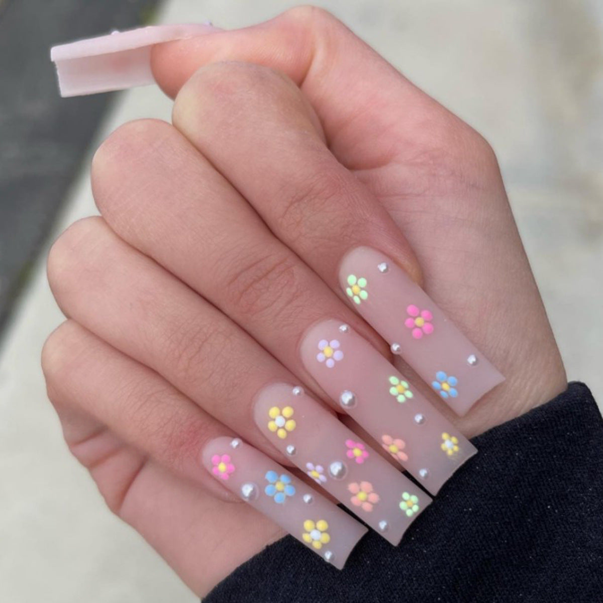 Spring Blossom Long Square Translucent Press On Nails with Pastel Floral Accents