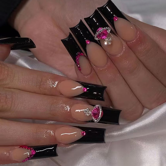 Glamorous Noir Extra Long Square Black Press On Nail Set with Pink Gemstone Accents and Silver Glitter Detail