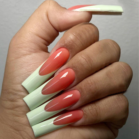 Tropical Sunrise Long Square Peach and Mint Press-On Nail Set with Ombre Effect