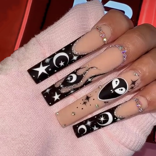 Mystical Nights Extra Long Coffin Black Press-On Nail Set with Celestial Designs and Rhinestone Chains