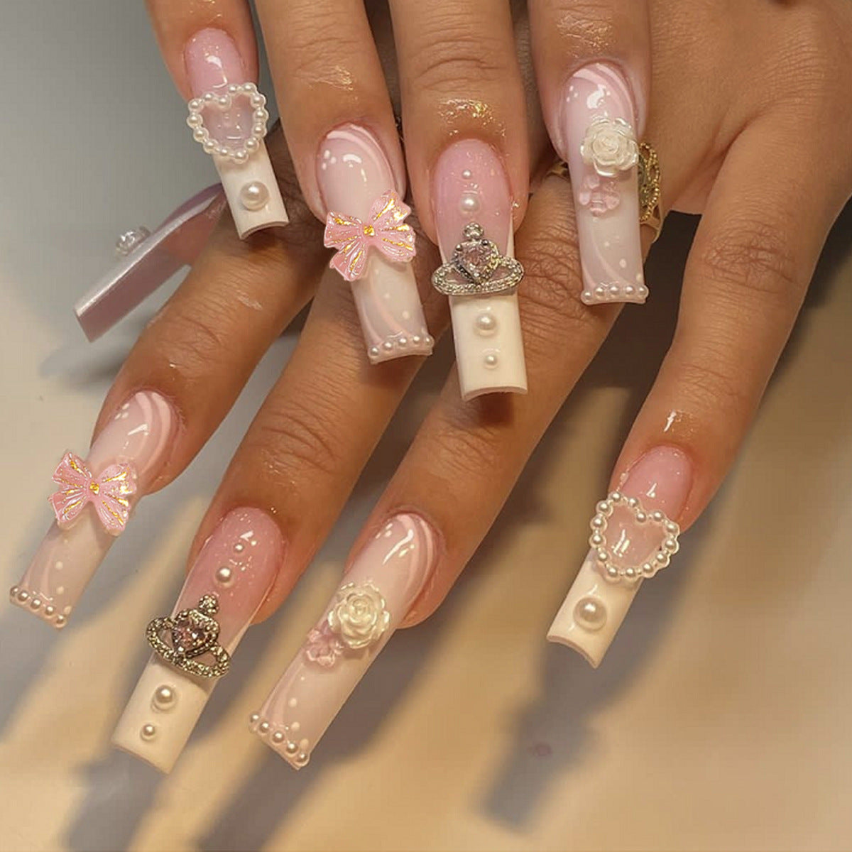 Bridal Bliss Long Square Pink Press On Nails with Pearl Accents and 3D Flower Embellishments