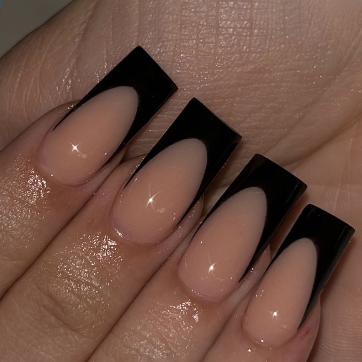 Mystic Midnight Medium Square Beige to Black Press-On Nail Set with Bold French Tips