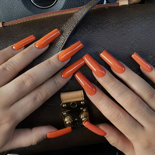 Tangerine Dream Long Coffin Vibrant Orange Press On Nail Set with Lustrous Gloss Finish