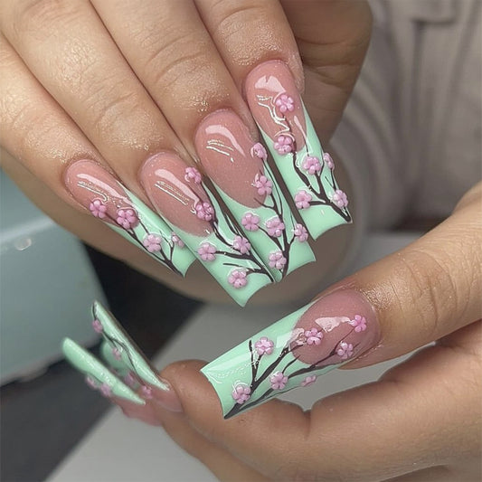 Spring Blossom Extra Long Coffin Mint Green Press On Nails with Hand Painted Cherry Blossoms