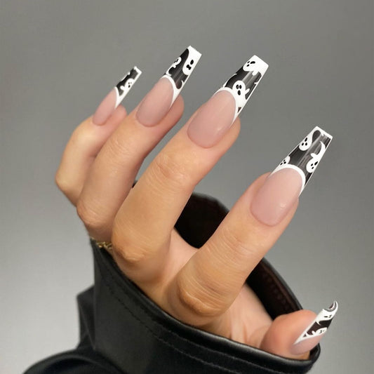 Mystical Spirits Long Square Beige and White Press On Nail Set with Playful Ghost Design