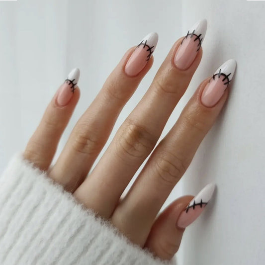 Avant Garde Stitch Long Almond White Press On Nails with Black Stitched Heart Accents