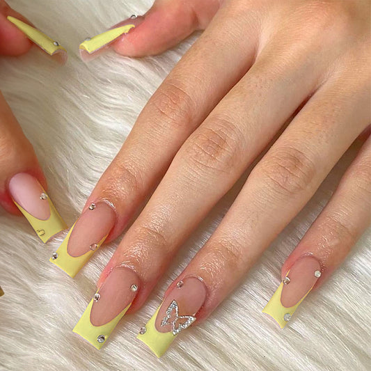 Sunshine Sparkle Long Square Lemon Yellow French Tip Press On Nails with Rhinestone Butterfly Accents