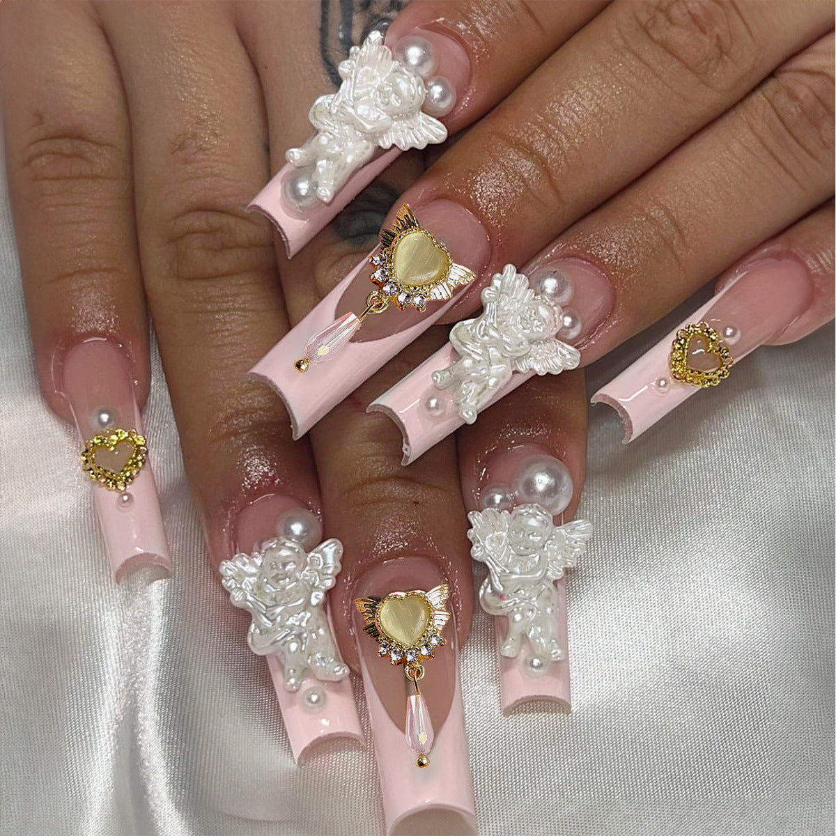 Romantic Affair Extra Long Coffin Blush Pink Press On Nails with Angelic Embellishments and Pearl Accents