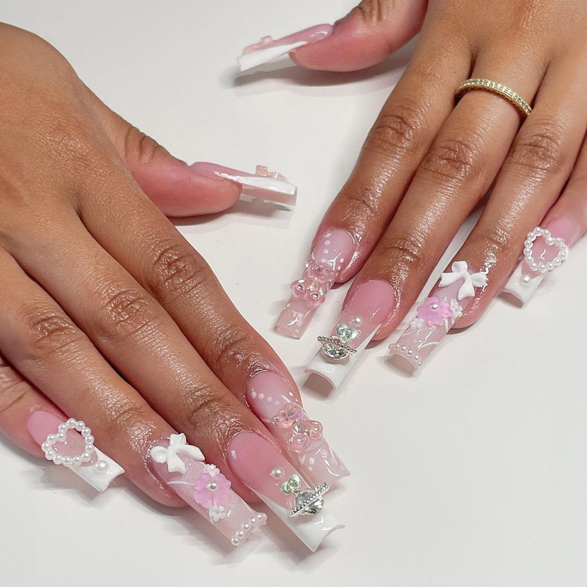 Enchanted Garden Extra Long Coffin Blush Pink and White Ombre Press-On Nails with Rhinestone Bows and Floral Charms