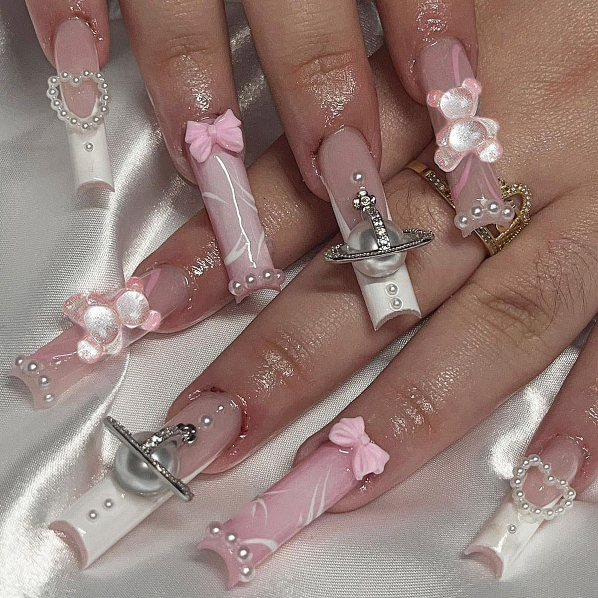 Enchanted Princess Extra Long Square Press-On Nails in Blush Pink with Pearlescent Accents and 3D Floral Appliques