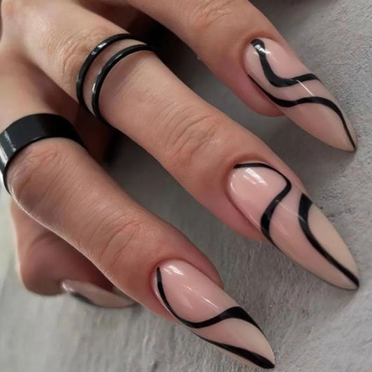 Modern Noir Long Almond Beige Press On Nails with Black Swirl Accents