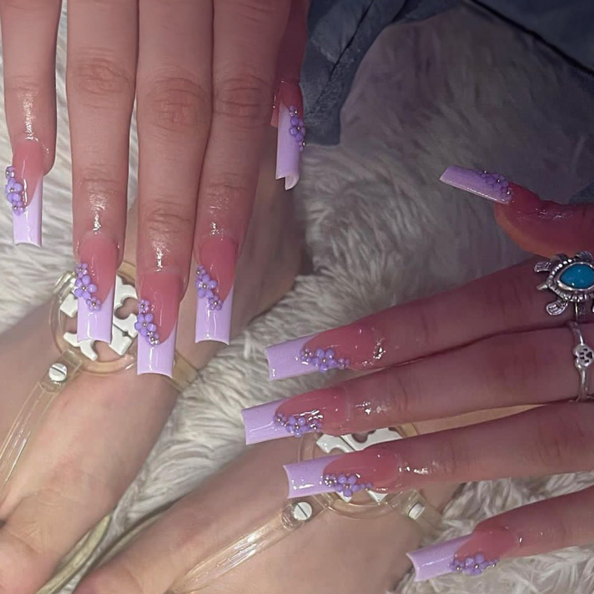 Lavender Dreamscape Long Square Press-On Nails with Floral Embellishments and Crystal Accents