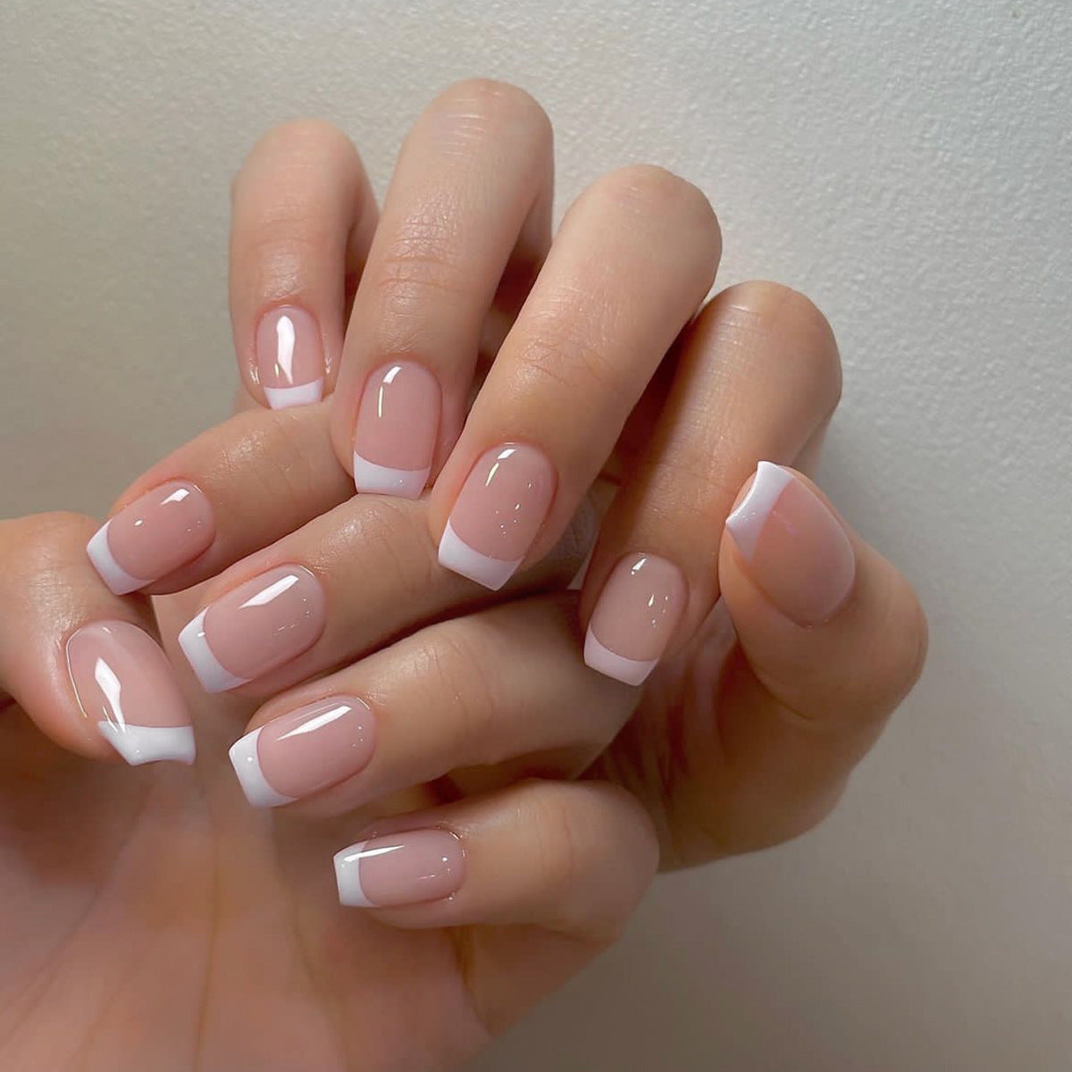 Timeless Classic Short Square Beige Press On Nail Set with White French Tips