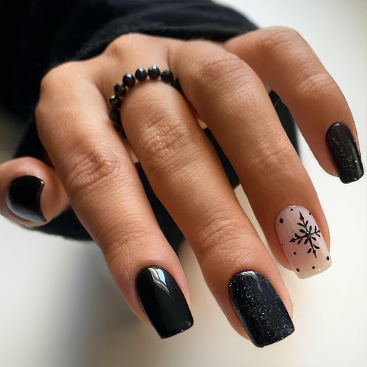 Mystic Night Short Square Black Press On Nail Set with Glitter Accent and Snowflake Design