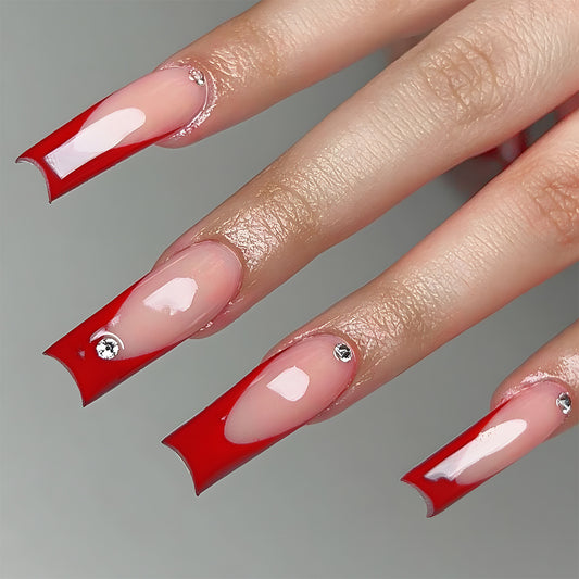 Glamorous Red Long Square Ombre Press On Nails with Sparkling Rhinestone Accents