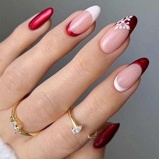 Romantic Medium Almond Ombre Press On Nails with Red Tips and Floral Art Design