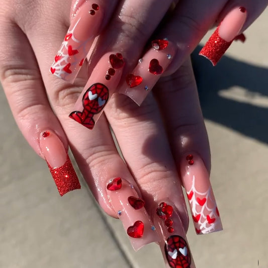 Passionate Love Long Square Red and Clear Press On Nail Set with Heart Designs and Glitter Accents