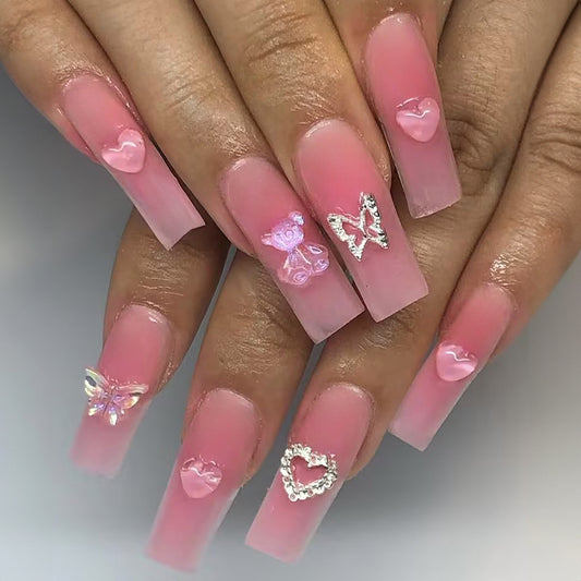 Enchanted Romance Medium Square Baby Pink Press On Nails with 3D Hearts and Butterfly Charms