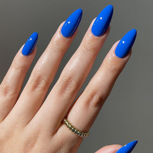 Sapphire Dreams Long Almond Royal Blue Press On Nail Set with High Gloss Finish