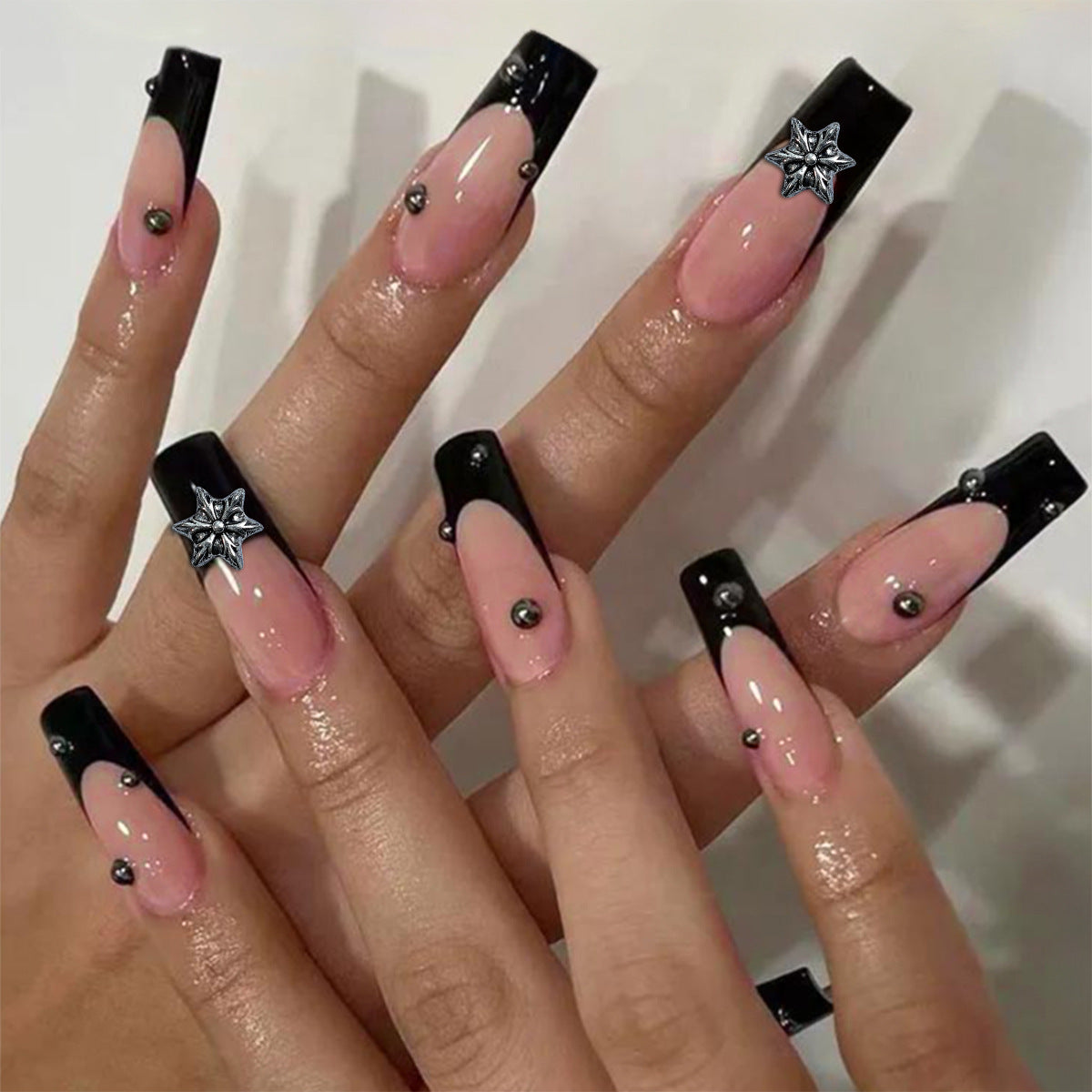 Starry Night Long Square Ballerina Black French Tip Press On Nail Set with Star Charms and Rhinestones