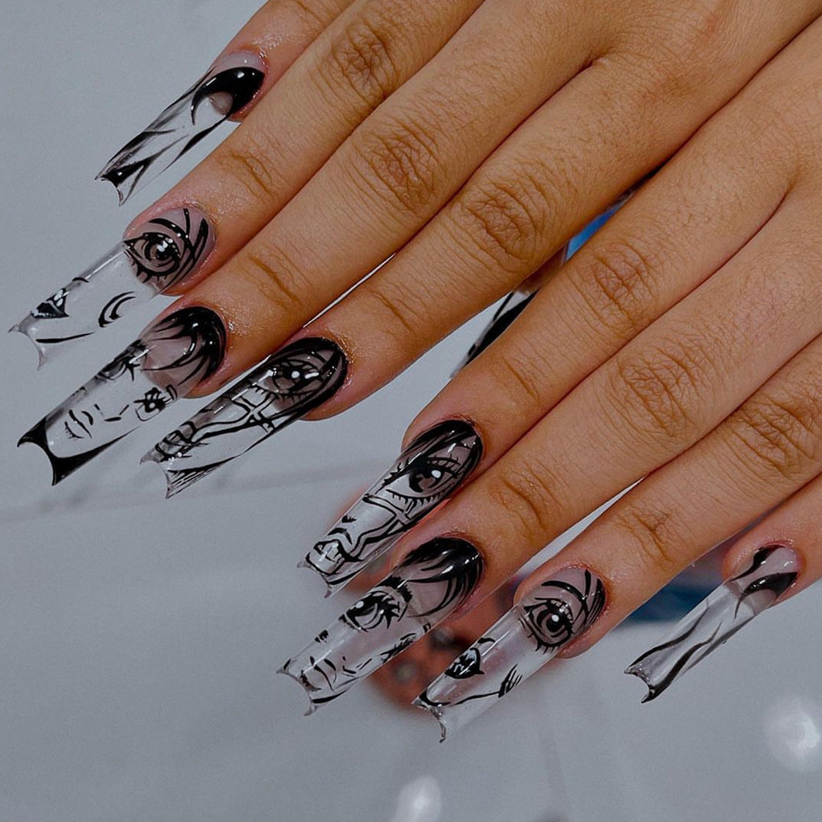 Manga-Inspired Extra-Long Square Press-On Nails with Graphic Novel Artwork and Glossy Finish