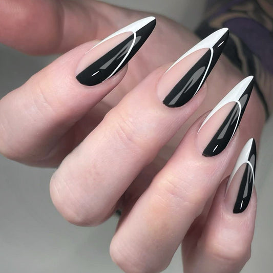 Modern Contrast Extra Long Almond Black and White Press On Nails with Bold Geometric Design