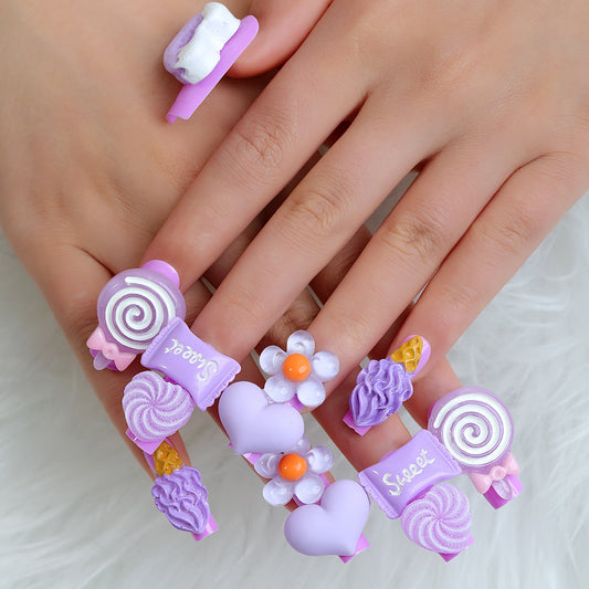 Candy Crush Extra Long Square Lavender Press On Nails with 3D Candy and Floral Embellishments