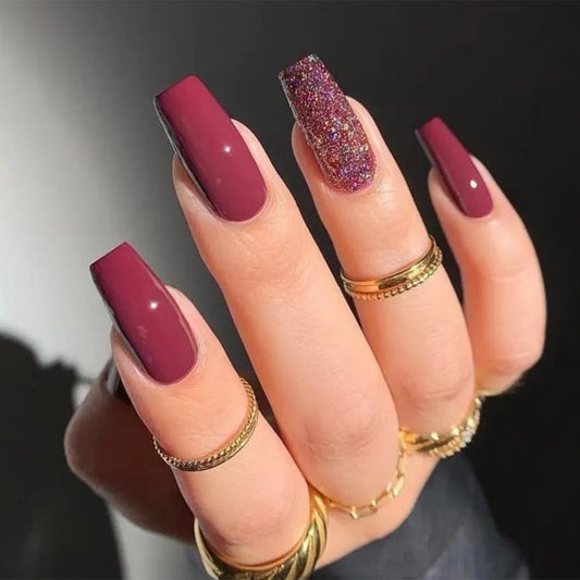 Glamorous Long Square Burgundy Press-On Nails with Sparkling Glitter Accent Nail