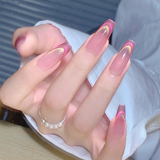 Extra Long Coffin Natural Pink Press On Nails with Golden Swirl Accents