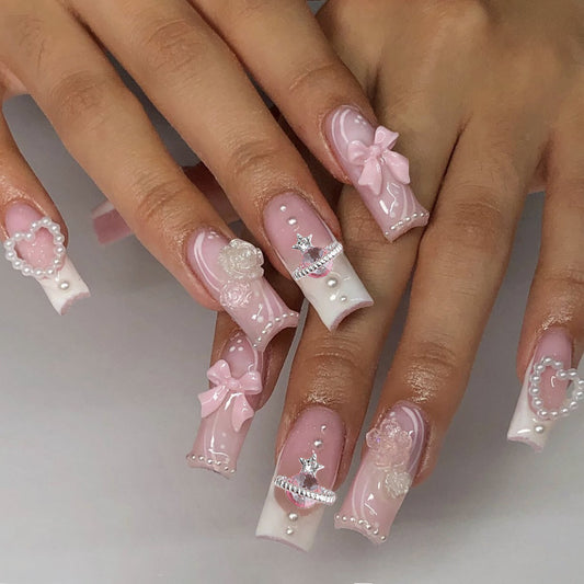 Princess Medium Square Baby Pink Press-On Nails with 3D Bows and Rhinestone Crowns