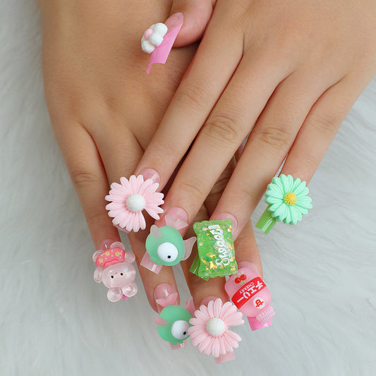 Spring Blossom Long Square Press On Nails in Pink with Floral and Gummy Bear Accents