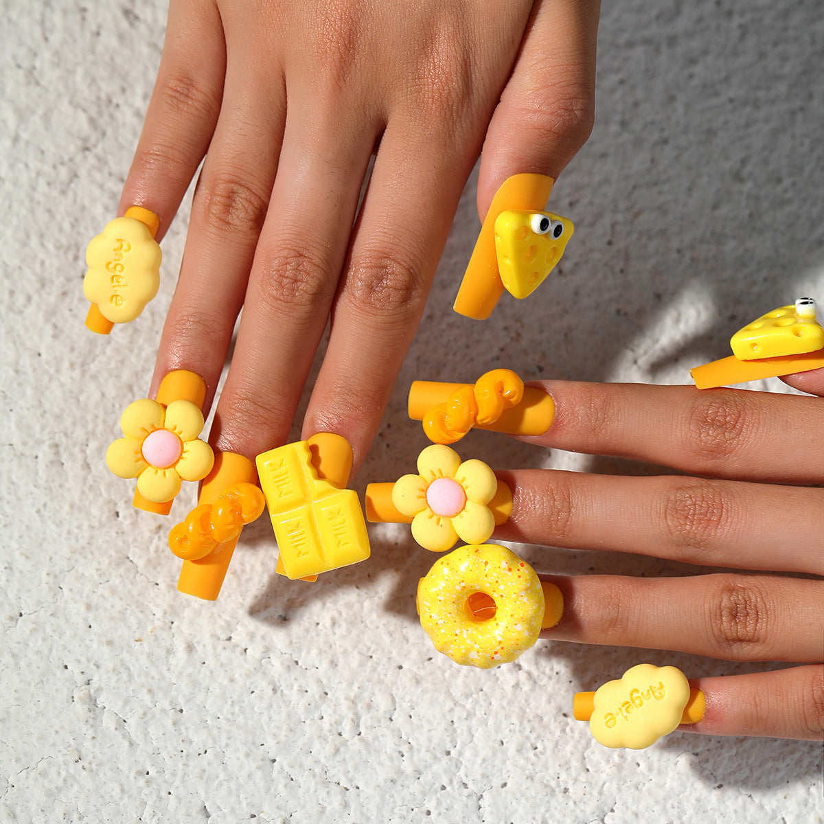 Sunny Delight Short Square Bright Yellow 3D Charm Press On Nail Set with Donut and Flower Accents