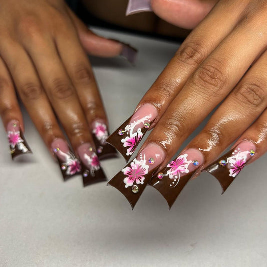 Floral Fantasy Long Duck Chocolate Press-On Nails with Pink Blossom Art and Rhinestone Accents