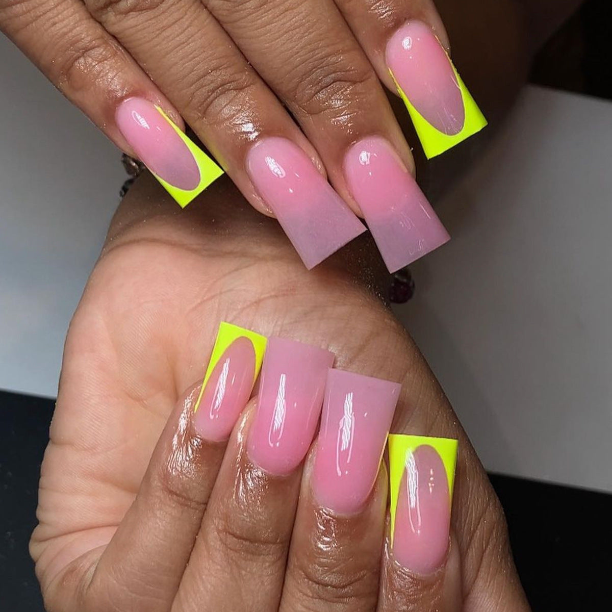 Neon Nights Long Duck Baby Pink Press On Nails with Vibrant Yellow French Tips