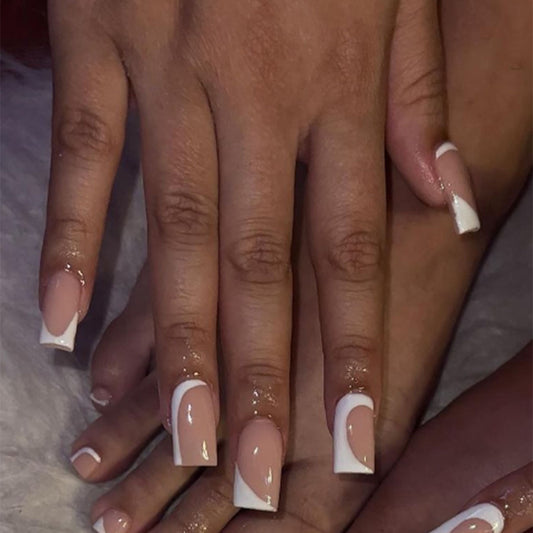 Timeless Elegance Medium Square Beige Press-On Nails with Classic White French Tips