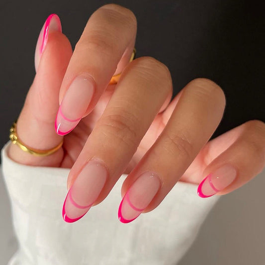 Flirty Flare Medium Oval Beige Press-On Nail Set with Neon Pink French Tips