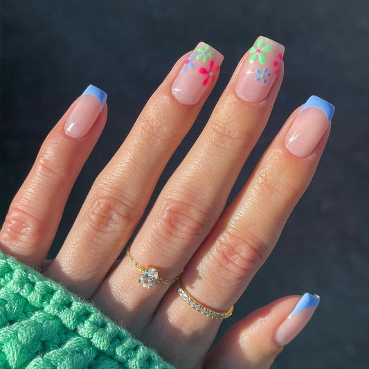 Festival Fun Medium Square Press On Nail Set, Sheer Pink with Periwinkle French Tips and Colorful Floral Accents