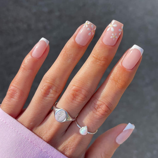 Spring Blossom Short Square Press On Nail Set, Sheer Pink with White French Tips and Floral Accents