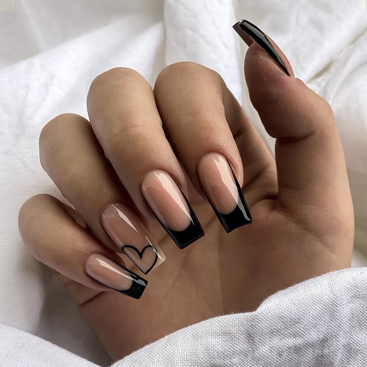 Monochrome Love Long Square Beige Press On Nails with Black French Tips and Heart Detail