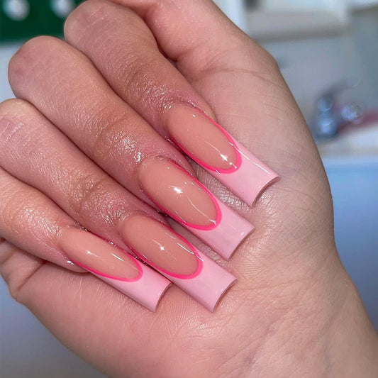 Flirty Flamingo Long Square Press On Nail Set, Beige Pink with Neon Pink French Tips