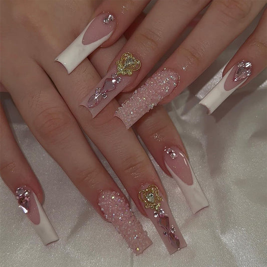 Elegant Romance Extra Long Square Pink and White Ombre Press-On Nails with Sparkling Accents and 3D Rose Embellishments