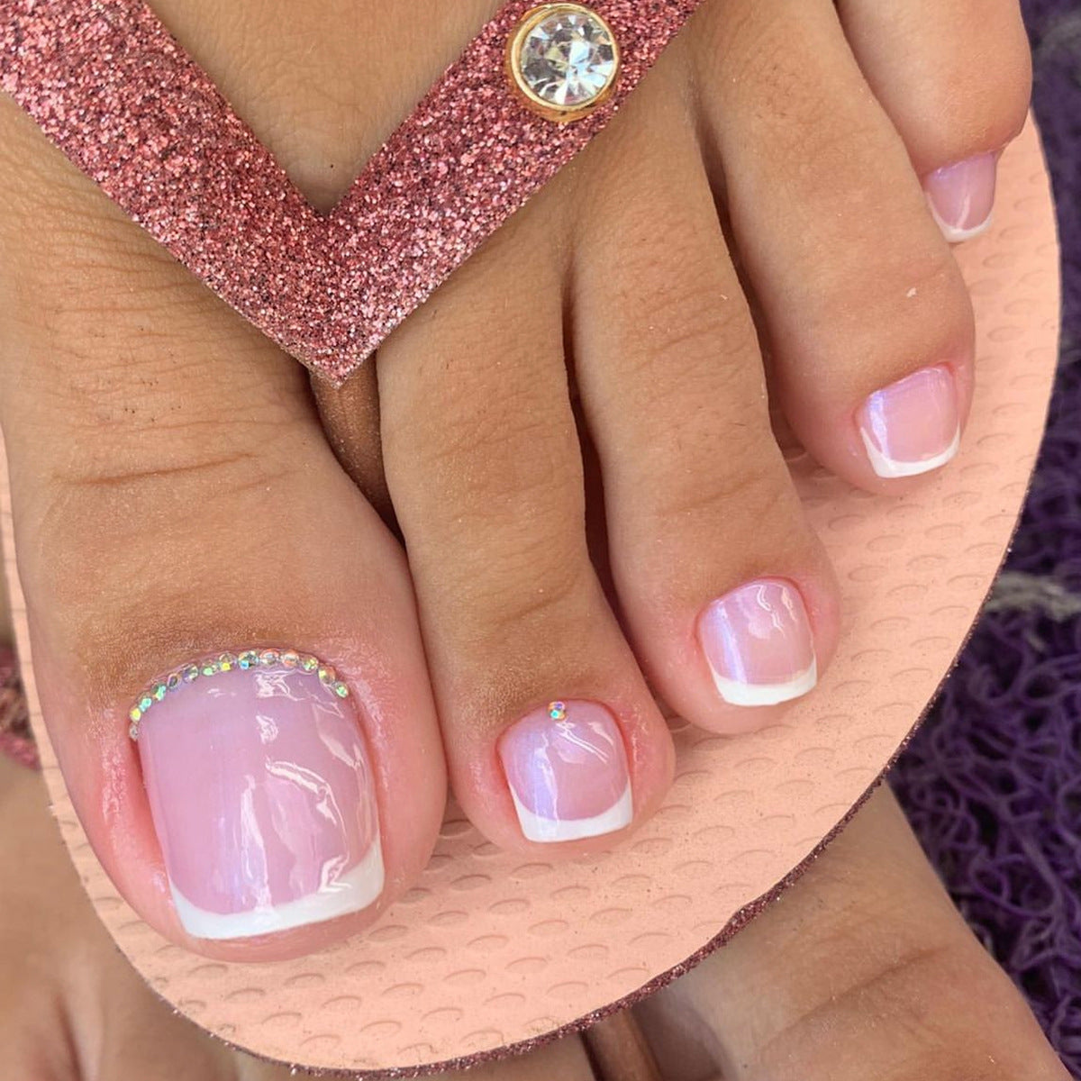 Princess Pedicure Short Square Baby Pink Press On Toenail Set with French Tips and Crystal Embellishments