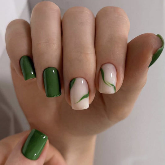 Emerald Essence Short Square Deep Green Press On Nails with White Floral Art Design