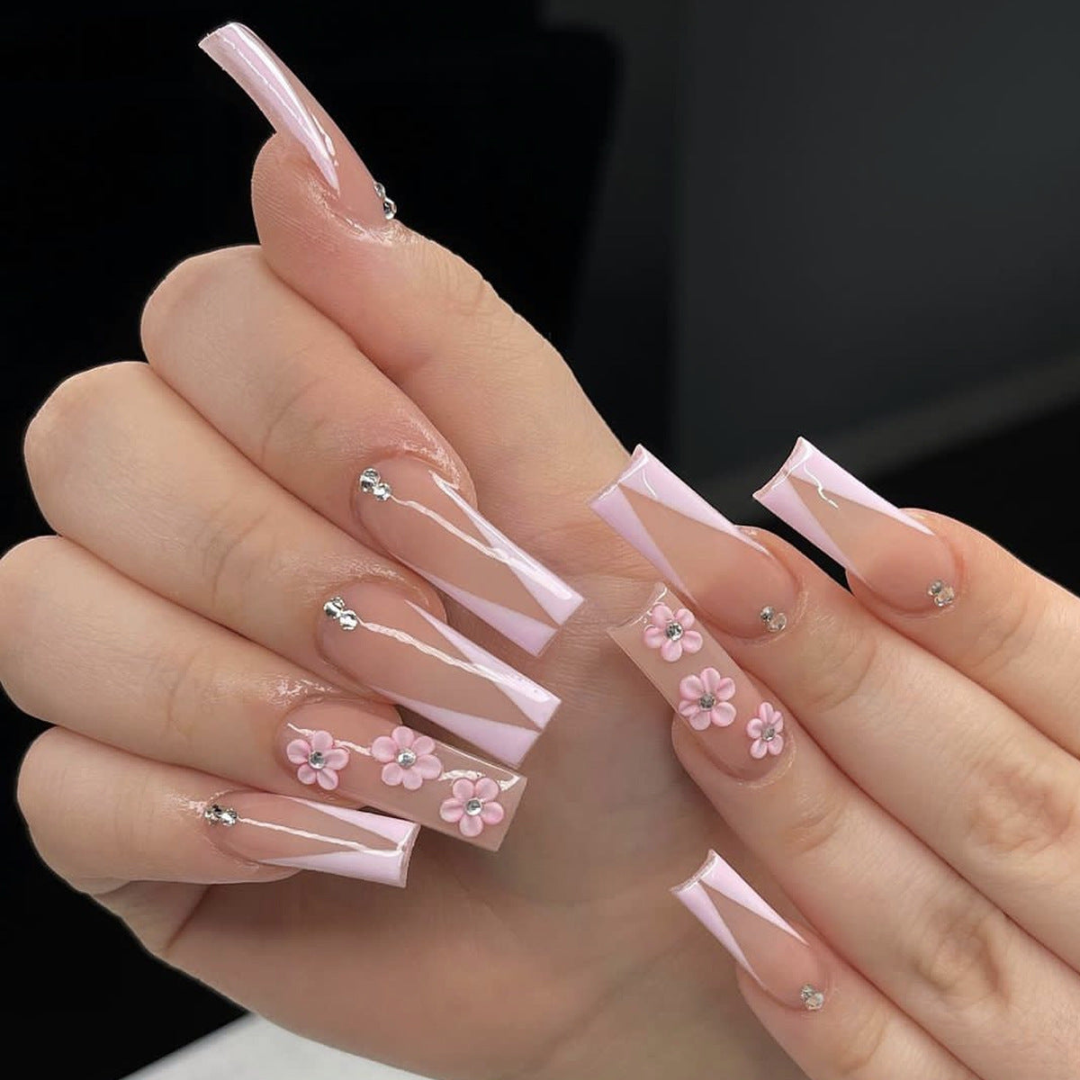 Spring Blossom Long Square Baby Pink Press On Nails with 3D Flower Appliques and Rhinestone Embellishments