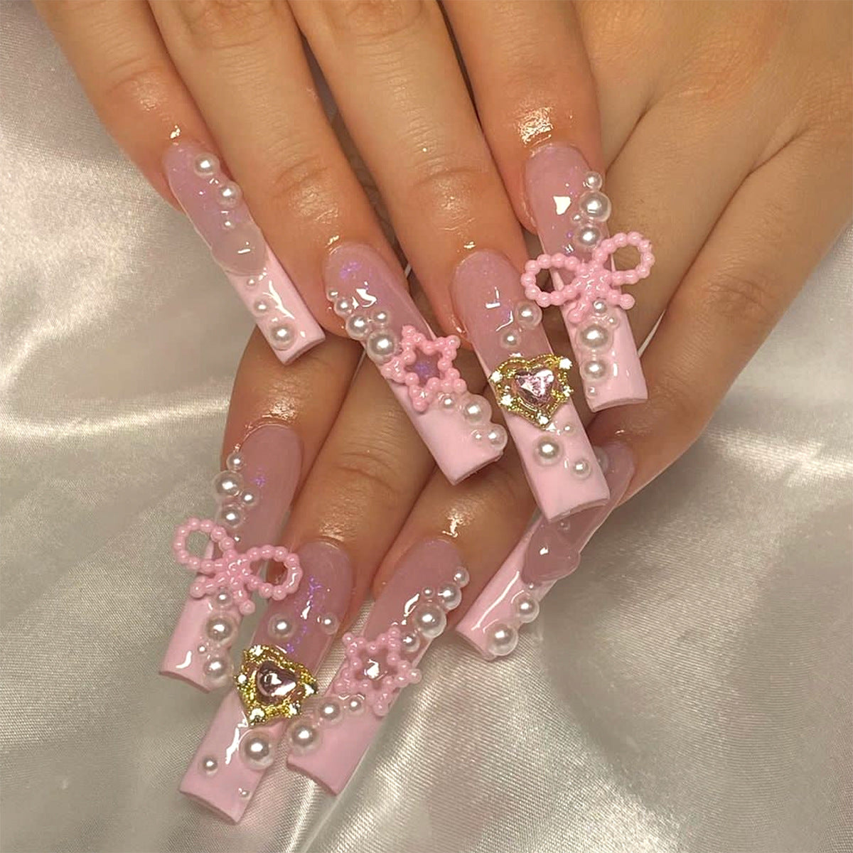 Princess Pink Long Square Press On Nails with Pearlescent Beads and Gold Heart Charms