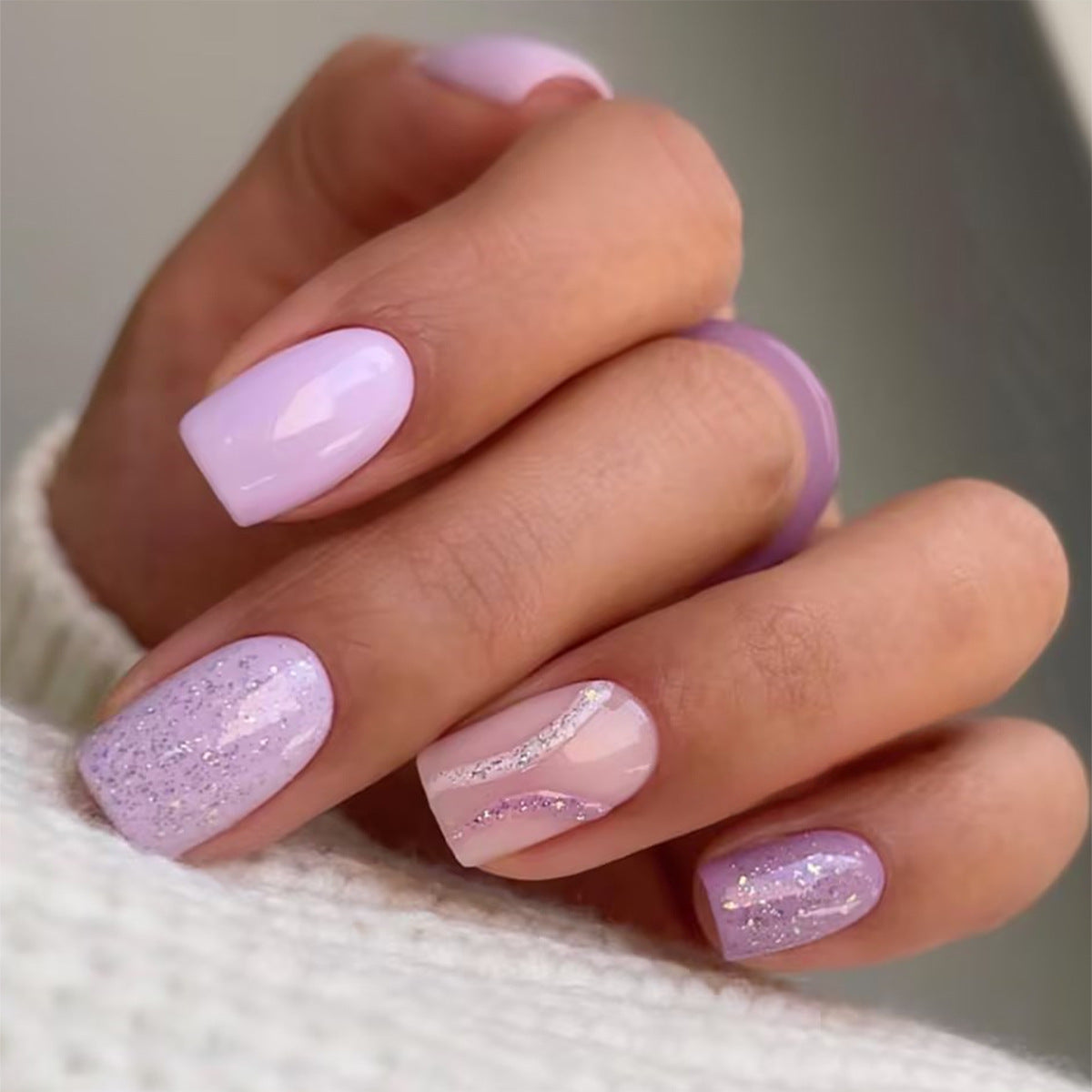 Lavender Sparkle Short Square Press On Nail Set, Pastel Purple with Glitter Accent