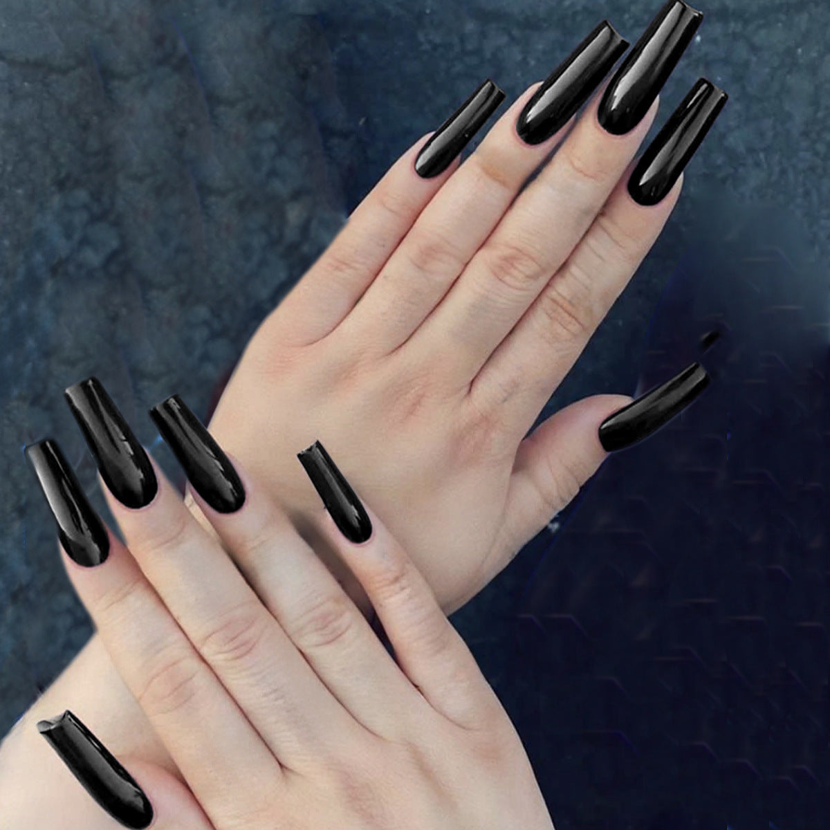 Midnight Mystery Extra Long Coffin Glossy Black Press On Nail Set