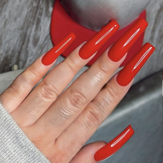 Vibrant Passion Long Coffin Classic Red Press On Nails with High Gloss Finish