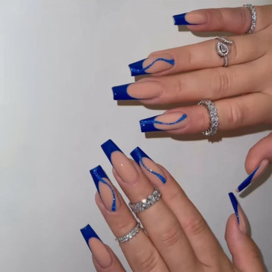 Mystic Night Extra Long Coffin Royal Blue Press On Nails with Glitter Swirl Accents